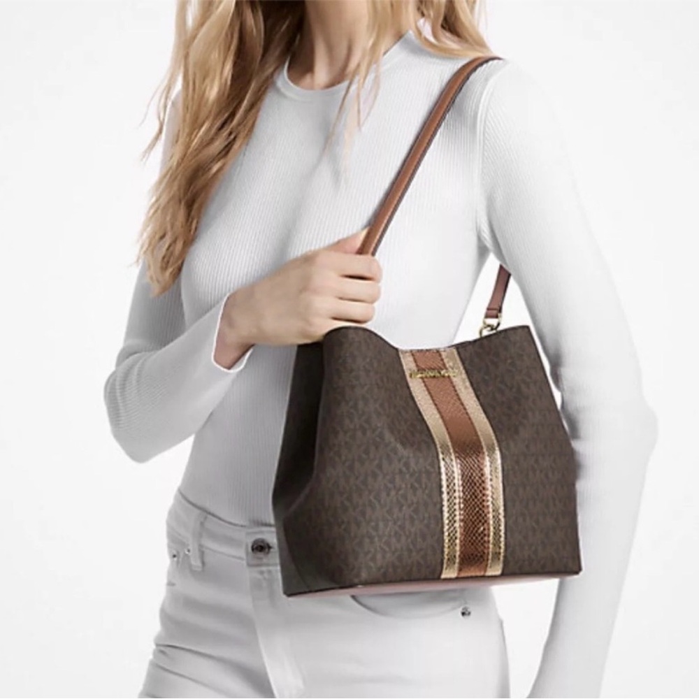 Michael Kors Pratt Medium Signature Logo and Metallic Shoulder Bag